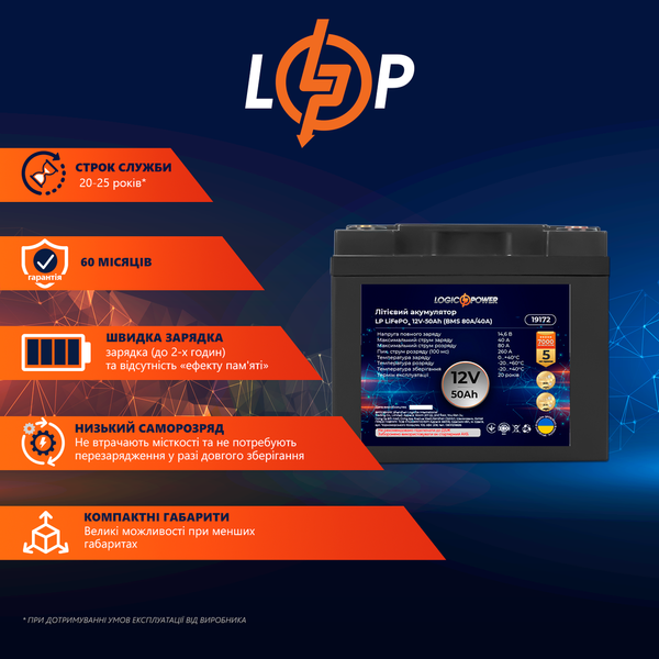 Акумулятор LP LiFePO4 12 V &mdash; 50 Ah (BMS 80A/40А) пластик