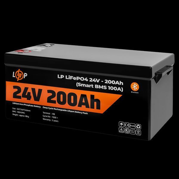 Акумулятор LP LiFePO4 24V - 200 Ah (Smart BMS 100А) з BT пластик для ДБЖ
