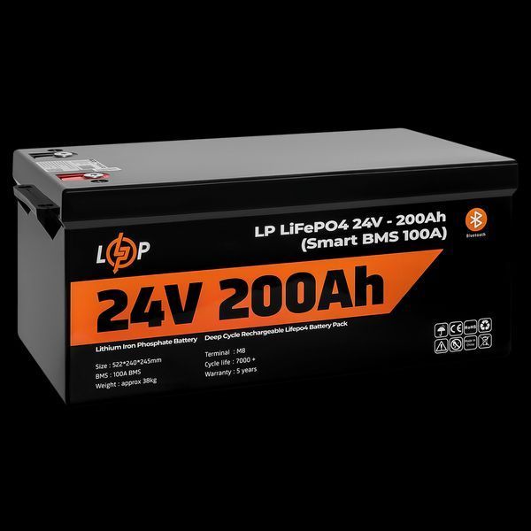 Акумулятор LP LiFePO4 24V - 200 Ah (Smart BMS 100А) з BT пластик для ДБЖ