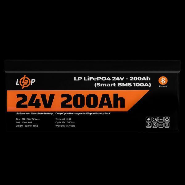 Акумулятор LP LiFePO4 24V - 200 Ah (Smart BMS 100А) з BT пластик для ДБЖ