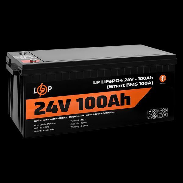 Акумулятор LP LiFePO4 24 V (25,6 V) &mdash; 100 Ah (2560 Wh) (Smart BMS 100А) з BT пластик