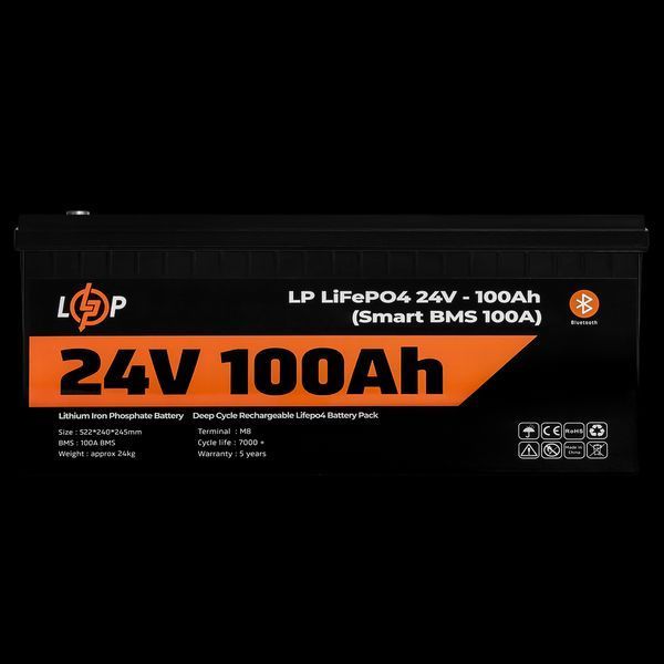 Акумулятор LP LiFePO4 24 V (25,6 V) &mdash; 100 Ah (2560 Wh) (Smart BMS 100А) з BT пластик